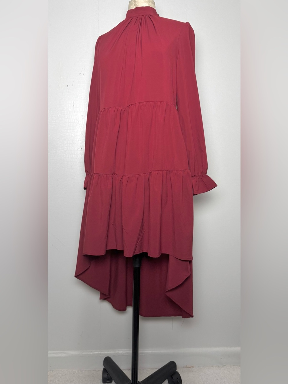 Burgundy Tiered High Low Dress M Tie Neck Romantic Prairie